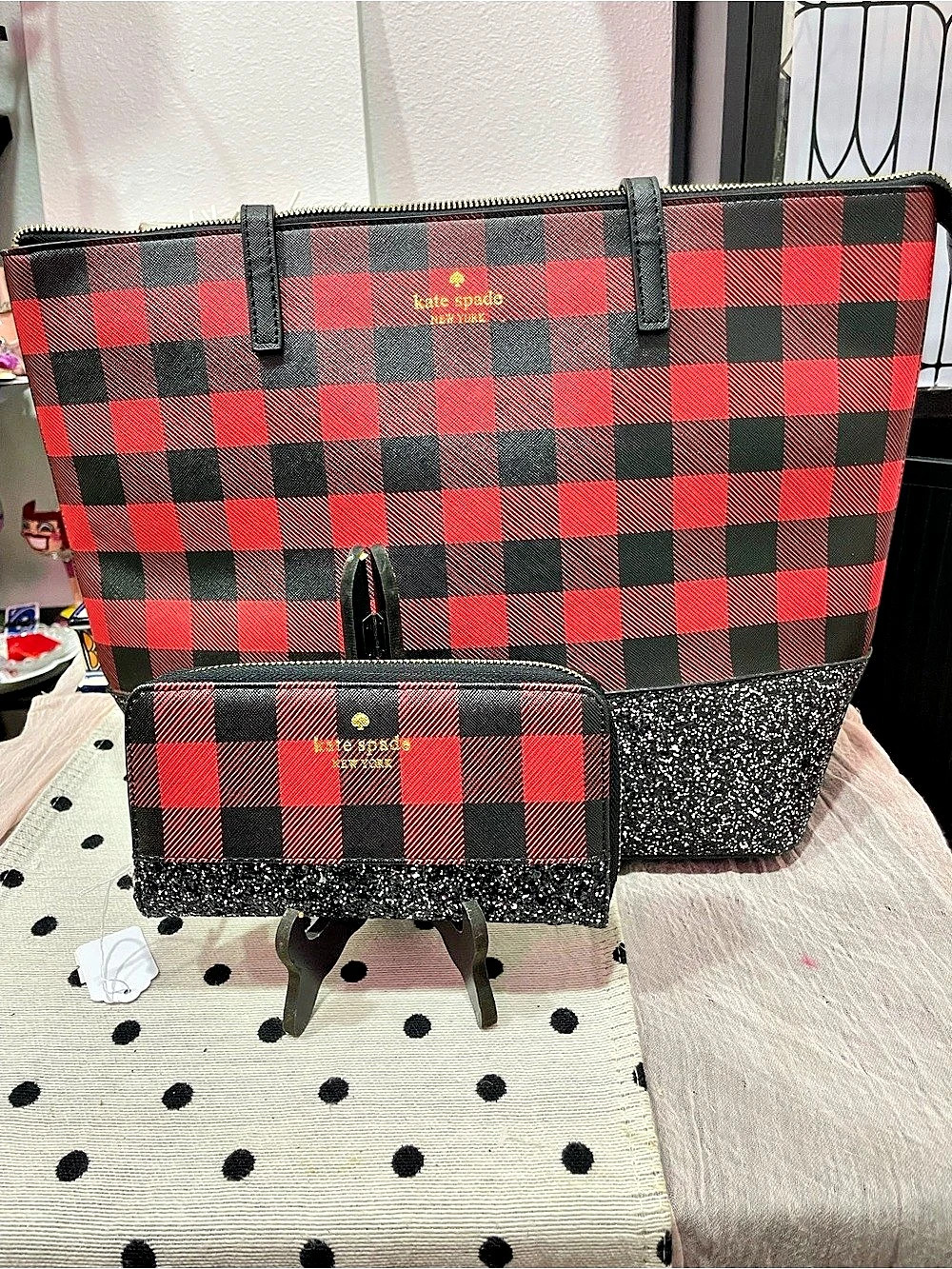 Kate Spade Plaid Glitter Tote in Red & Black Wallet and Purse Set